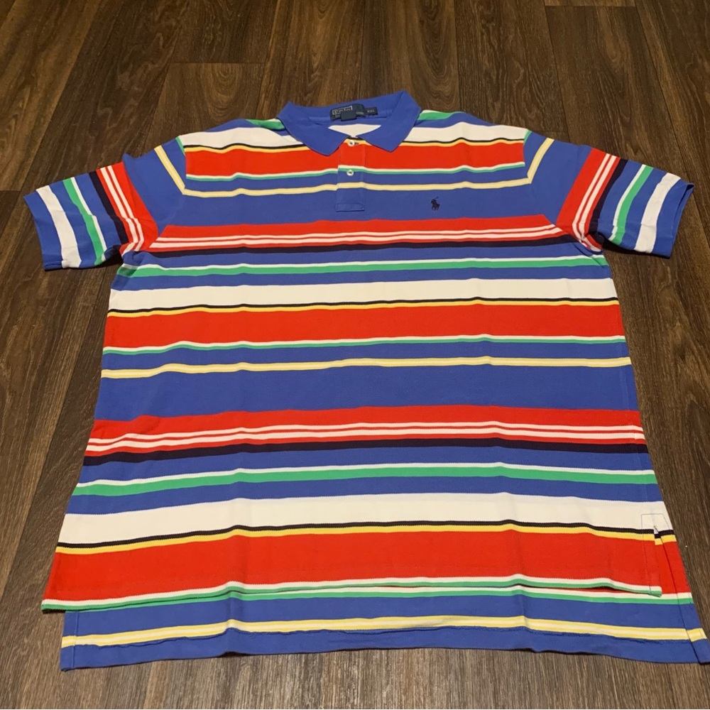Ralph Lauren Blue/Navy Logo/ Multi Color Striped Polo Men’s Size XXL Vintage